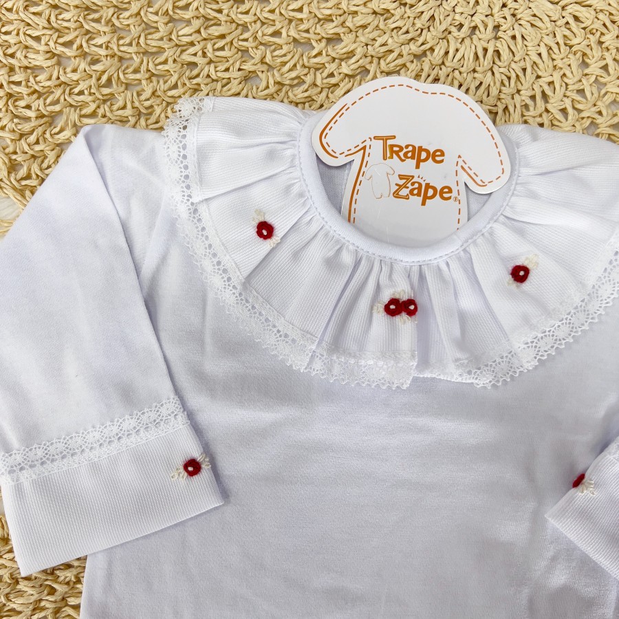 Body Branco com Gola Bordada e Rendada Flores Vermelhas Body Branco com Gola Bordada e Rendada Flores Vermelhas